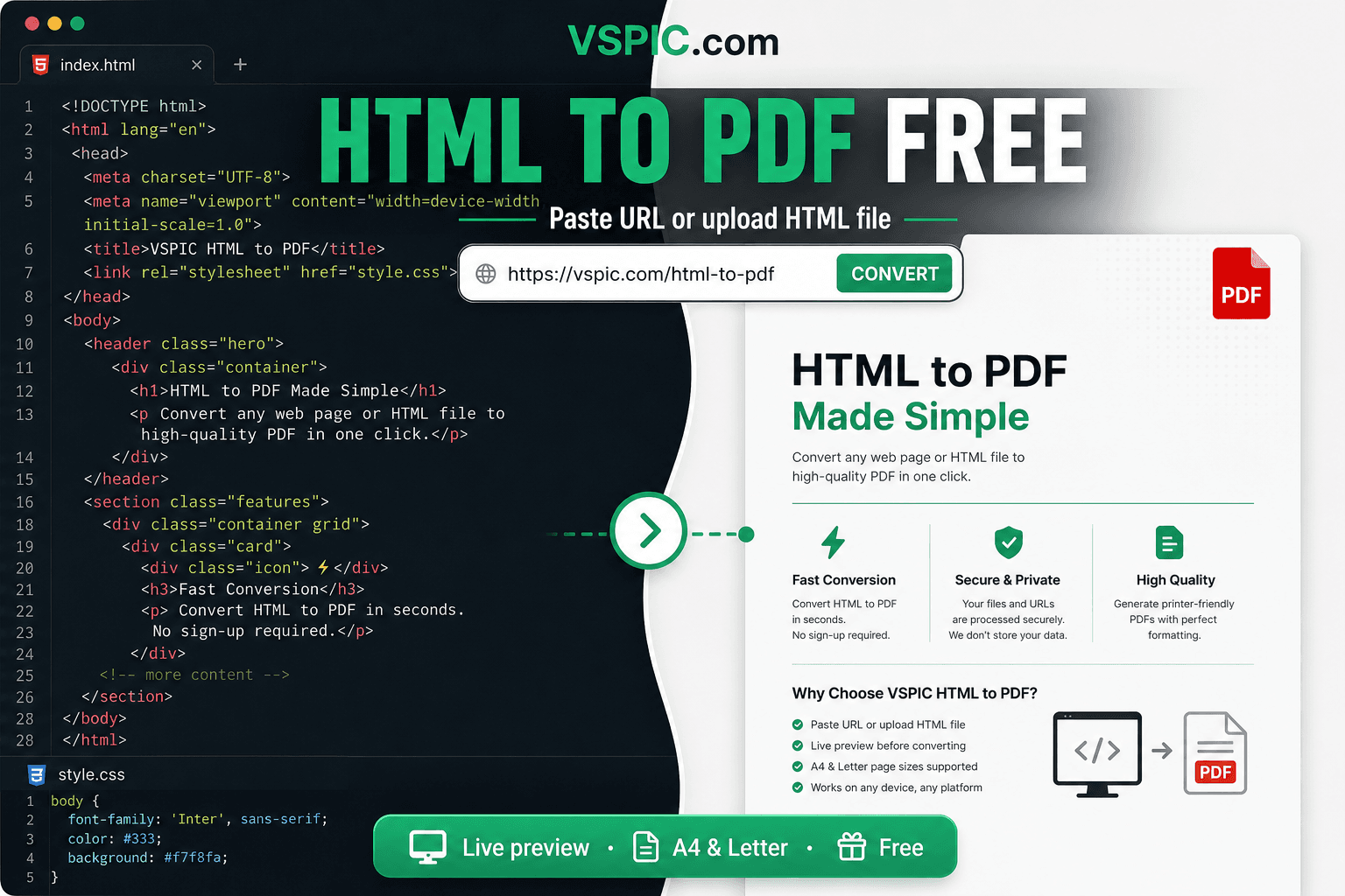 How to convert HTML to PDF online — illustrated how-to guide on VSPIC